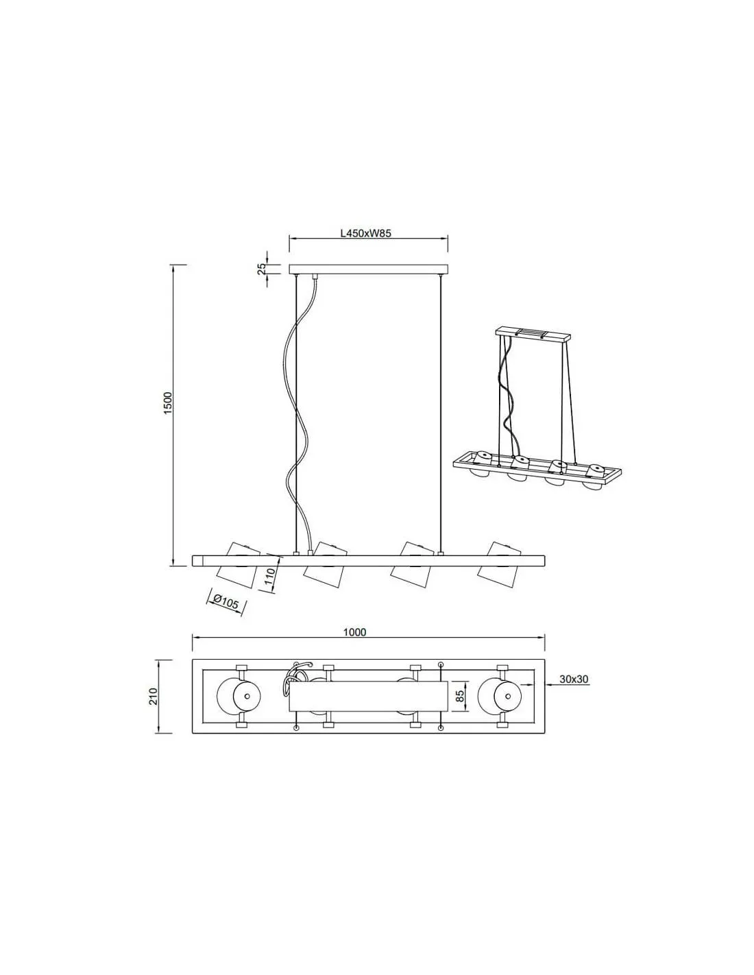 BELL Plafonnier LED hauteur réglable 4 lumières | LéonLeds