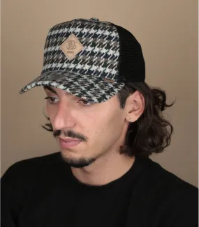 Casquette trucker noir motif pied-de-poule - Casquette HFT Trucker Woolcock black Djinns : Headict